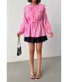 Kadın Pembe Vintage Bebe Yaka Dantelli Kuşaklı Yazlık Uzun Kol Gömlek Tunik