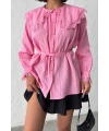 Kadın Pembe Vintage Bebe Yaka Dantelli Kuşaklı Yazlık Uzun Kol Gömlek Tunik