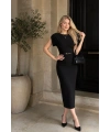 Kadın Siyah Bisiklet Yaka Kemerli Midi Boy Ay Kol Kalem Elbise