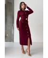 Kadın Bordo Şık Düğme Ve Kemer Detaylı Slim Midi Triko Elbise (S/M Beden)