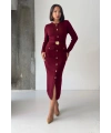 Kadın Bordo Şık Düğme Ve Kemer Detaylı Slim Midi Triko Elbise (S/M Beden)