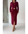 Kadın Bordo Şık Düğme Ve Kemer Detaylı Slim Midi Triko Elbise (S/M Beden)