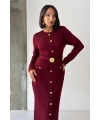 Kadın Bordo Şık Düğme Ve Kemer Detaylı Slim Midi Triko Elbise (S/M Beden)