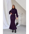 Kadın Mor Kemerli Uzun Kazak ve Ajurlu Astarlı Uzun Etek Alt Üst İkili Triko Takım
