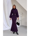 Kadın Mor Kemerli Uzun Kazak ve Ajurlu Astarlı Uzun Etek Alt Üst İkili Triko Takım