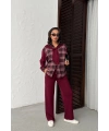 Kadın Bordo Omuzdan Bağlamalı Ekose Gömlek ve Pantolon 2li Takım