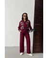 Kadın Bordo Omuzdan Bağlamalı Ekose Gömlek ve Pantolon 2li Takım