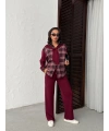 Kadın Bordo Omuzdan Bağlamalı Ekose Gömlek ve Pantolon 2li Takım