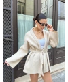 Kadın Bej Kemerli Triko Kimono Hırka