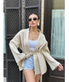 Kadın Bej Kemerli Triko Kimono Hırka