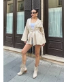 Kadın Bej Kemerli Triko Kimono Hırka