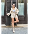 Kadın Bej Kemerli Triko Kimono Hırka