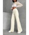 Kadın Bej Yüksek Bel Şık Şerit Detaylı Geniş Paça Triko Pantolon
