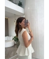 Kadın Beyaz Çizgili Dar Kesim Simli Şık Sıfır Kol Gömlek