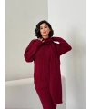 Kadın Bordo Atkılı Saç Örgülü Etek Kazak Atkı 3lü Takım