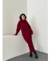 Kadın Bordo Atkılı Saç Örgülü Etek Kazak Atkı 3lü Takım