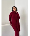 Kadın Bordo Atkılı Saç Örgülü Etek Kazak Atkı 3lü Takım