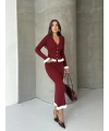 Kadın Bordo Fitilli Fırfır Detaylı Etek Bluz Zarif Triko Takım (S Beden)