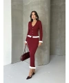 Kadın Bordo Fitilli Fırfır Detaylı Etek Bluz Zarif Triko Takım (S Beden)