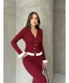 Kadın Bordo Fitilli Fırfır Detaylı Etek Bluz Zarif Triko Takım (S Beden)