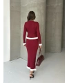 Kadın Bordo Fitilli Fırfır Detaylı Etek Bluz Zarif Triko Takım (S Beden)