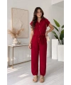 Kadın Bordo Kuşak Detaylı Cepli Kısa Kol Yazlık Keten Tulum