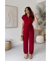 Kadın Bordo Kuşak Detaylı Cepli Kısa Kol Yazlık Keten Tulum