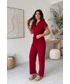 Kadın Bordo Kuşak Detaylı Cepli Kısa Kol Yazlık Keten Tulum