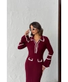 Kadın Bordo Polo Yaka Şık Düğme Detaylı Uzun Kol Triko Elbise