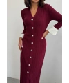 Kadın Bordo Şık Bilek Boy Kol Boydan Düğmeli Uzun Triko Elbise