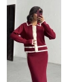 Kadın Bordo Şık İnci Düğme Detaylı Hırka Etek Alt Üst Triko Takım