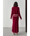 Kadın Bordo Şık İnci Düğme Detaylı Hırka Etek Alt Üst Triko Takım