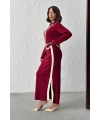 Kadın Bordo Şık İnci Düğme Detaylı Hırka Etek Alt Üst Triko Takım