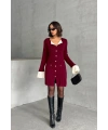 Kadın Bordo Şık Kol ve Yaka Detaylı Düğmeli Zarif Mini Triko Elbise