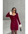 Kadın Bordo Şık Kol ve Yaka Detaylı Düğmeli Zarif Mini Triko Elbise