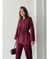Kadın Bordo Taş İşlemeli Bel Bağlama Detaylı Bluz Pantolon Alt Üst İkili Takım