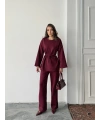 Kadın Bordo Taş İşlemeli Bel Bağlama Detaylı Bluz Pantolon Alt Üst İkili Takım