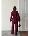 Kadın Bordo Taş İşlemeli Bel Bağlama Detaylı Bluz Pantolon Alt Üst İkili Takım