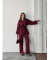 Kadın Bordo Taş İşlemeli Bel Bağlama Detaylı Bluz Pantolon Alt Üst İkili Takım