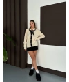 Kadın Ekru Şık Fiyonk Ve İnci Düğme Detaylı Triko Bluz
