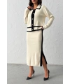 Kadın Ekru Şık İnci Düğme Detaylı Hırka Etek Alt Üst Triko Takım
