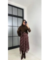 Kadın Kahverengi Astarlı Ekose Desenli Şifon Etek