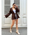 Kadın Kahverengi Kemerli Triko Kimono Hırka