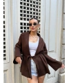 Kadın Kahverengi Kemerli Triko Kimono Hırka