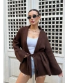 Kadın Kahverengi Kemerli Triko Kimono Hırka