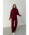 Kadın Bordo Kol Düğme Detaylı Bluz Pantolon Alt Üst İkili Triko Takım
