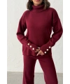 Kadın Bordo Kol Düğme Detaylı Bluz Pantolon Alt Üst İkili Triko Takım