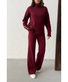 Kadın Bordo Kol Düğme Detaylı Bluz Pantolon Alt Üst İkili Triko Takım