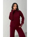 Kadın Bordo Kol Düğme Detaylı Bluz Pantolon Alt Üst İkili Triko Takım