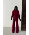 Kadın Bordo Kol Düğme Detaylı Bluz Pantolon Alt Üst İkili Triko Takım